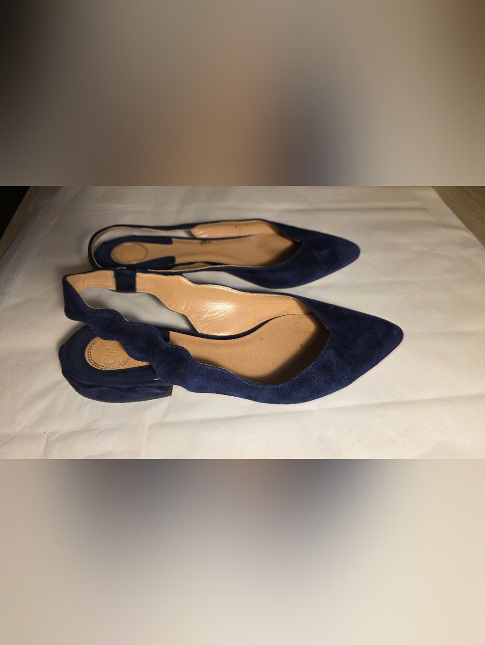 Chloé Laurena Navy Suede Scallop Slingback Flats EU 38.5 Pointed Toe Ballet Shoe - Picture 7 of 9